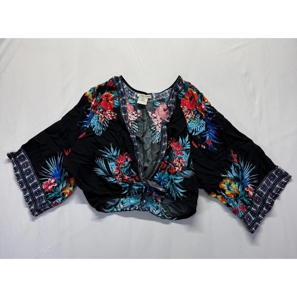 Flying Tomato Cropped Blouse Top Womens Small‎ Black Multi Floral Print Rayon